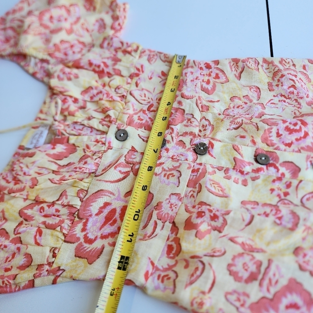Billabong x Wrangler Dress Yellow Orange Linen Mini Floral Puff Sleeve Button XS - Picture 9 of 12
